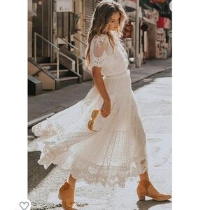 Deep V-Neck Floral Lace Swiss Dot Boho Style Maxi Gown Size Large